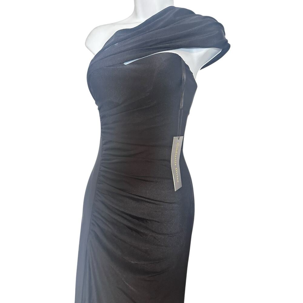 NWT Cinderella Divine Asymmetrical Neckline Bodycon Slit Black Dress Gown 2 - Picture 6 of 12